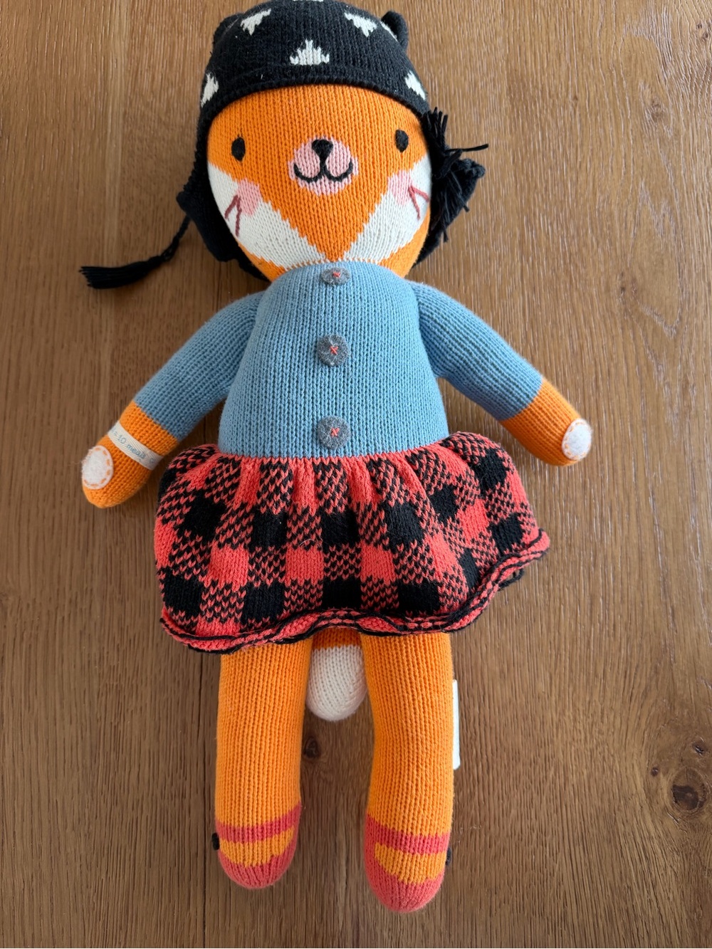Hand-Knit Orange Fox Doll in Blue Sweater and Red-Black Plaid Skirt